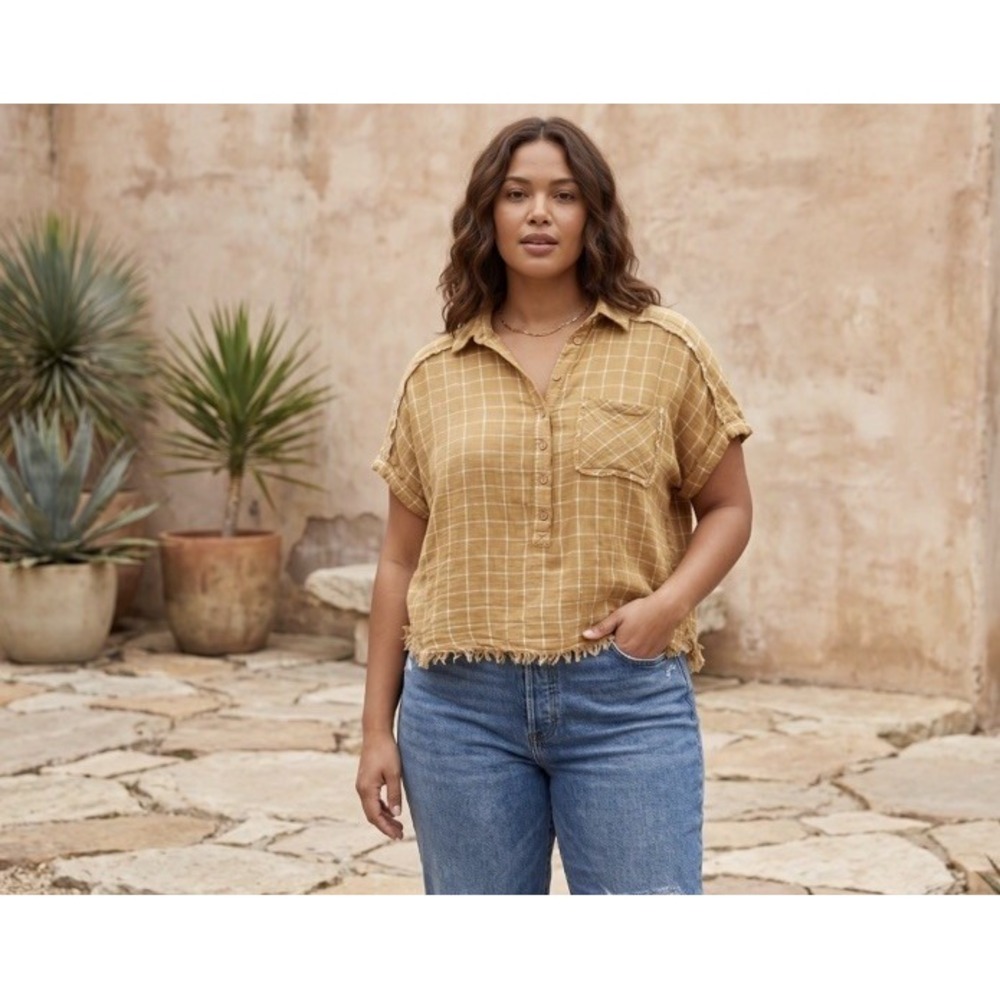 Sage + Fig Mustard Yellow Grid Plaid Raw Hem Button Short Sleeve Top Large